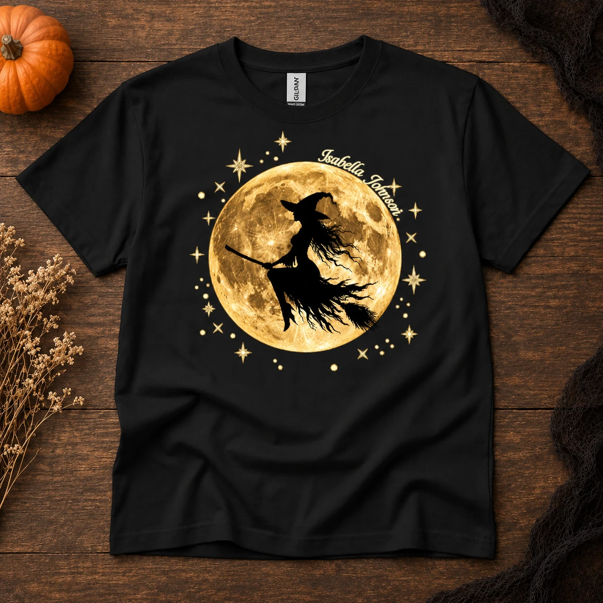 Personalized Witch T Shirt Custom Name Golden Full Moon and Stars Halloween Gift