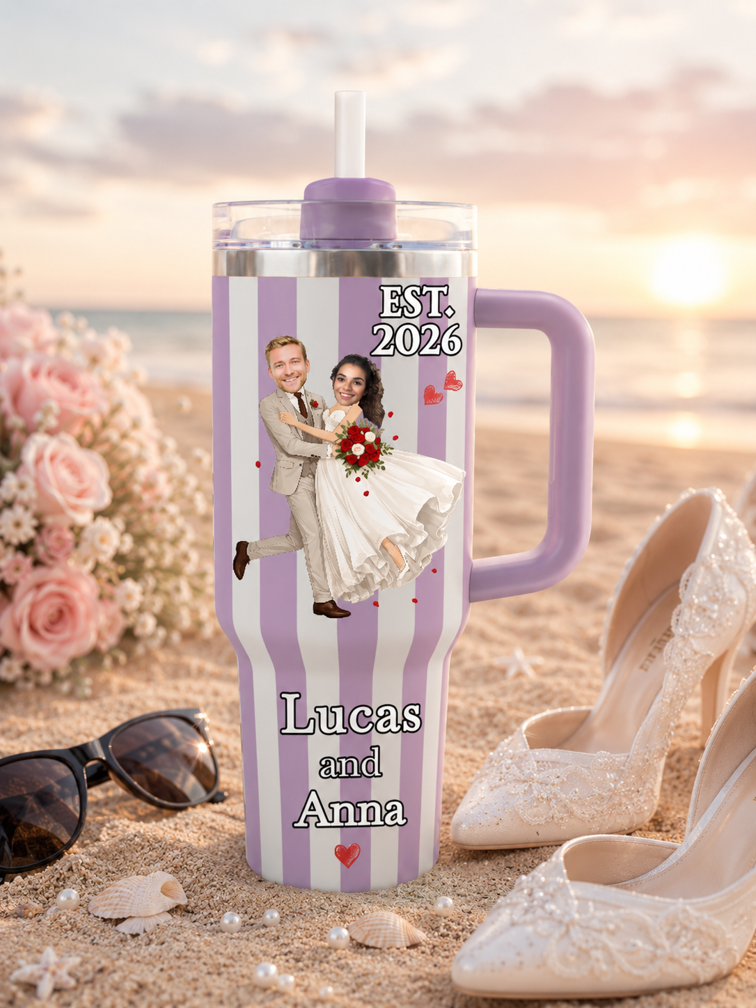 Custom Face Wedding Couple Striped 40oz Tumbler – Personalized Stainless Steel Travel Cup with Names & Date, Unique Wedding Gift