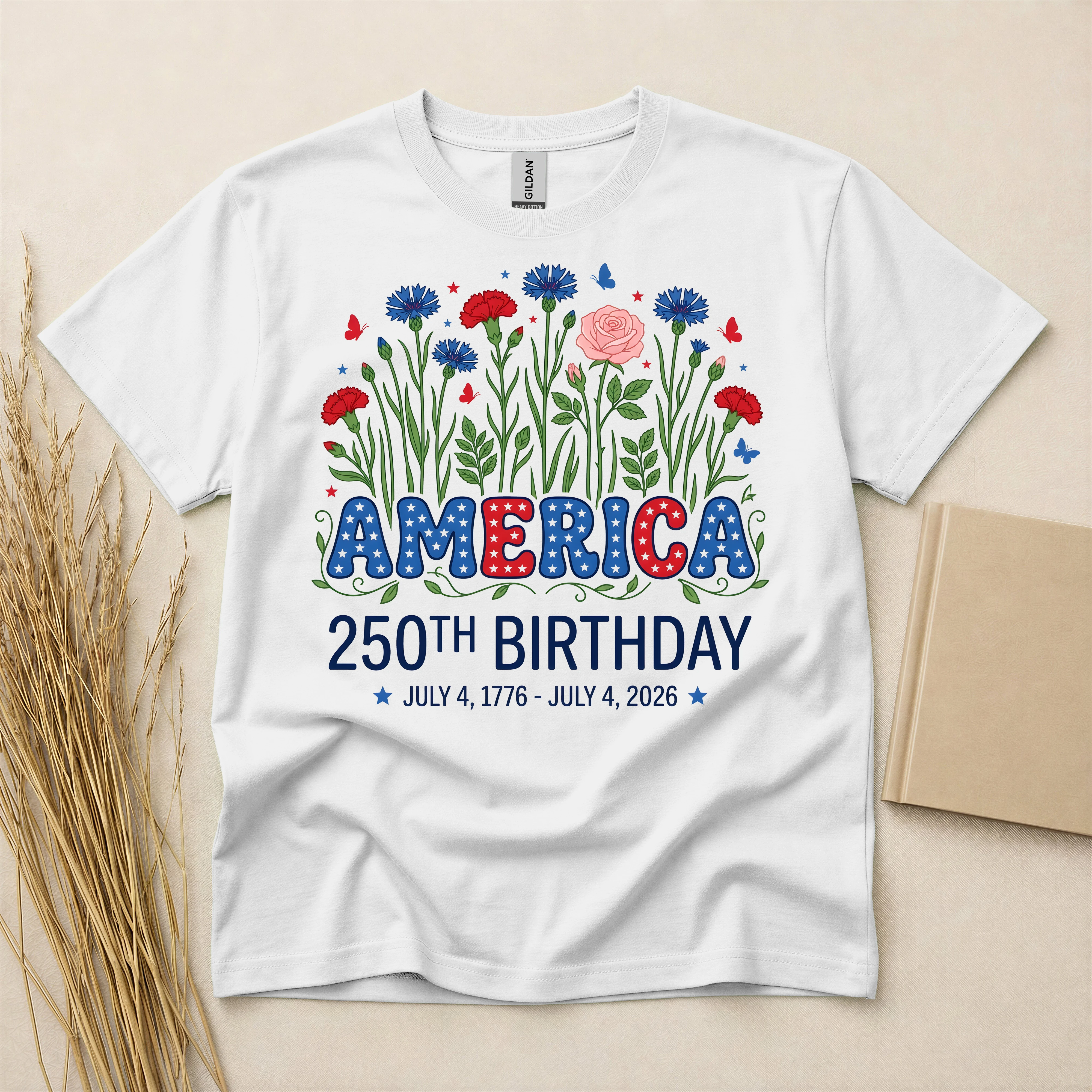 Patriotic Floral America 250 Birthday T-Shirt