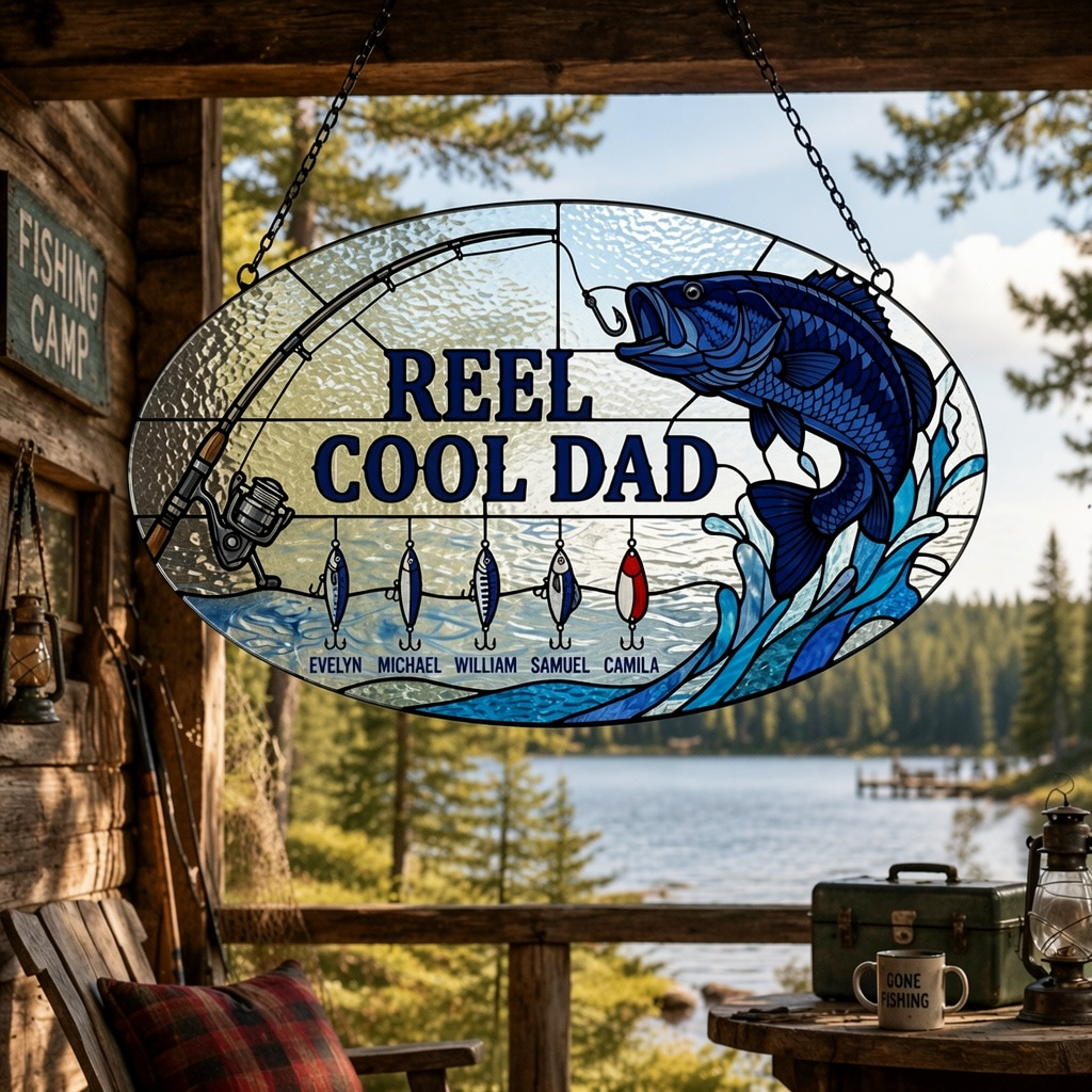 Custom Reel Cool Dad Bass Fishing Suncatcher