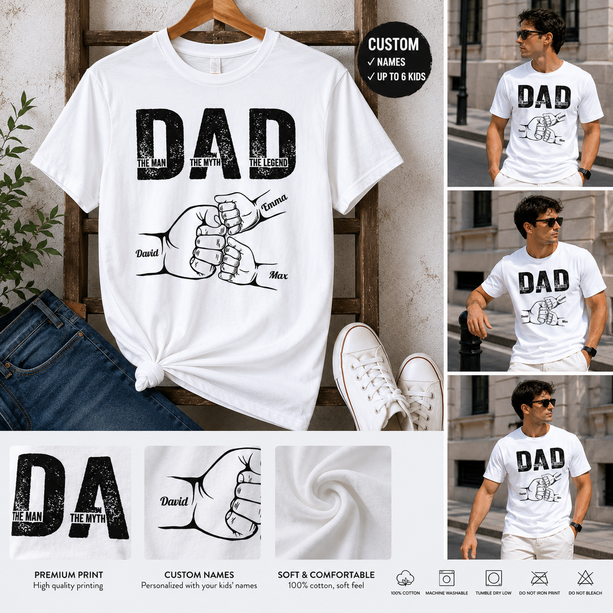 Personalized Dad Fist Bump T-Shirt With Kids Names Custom Father'S Day Gift