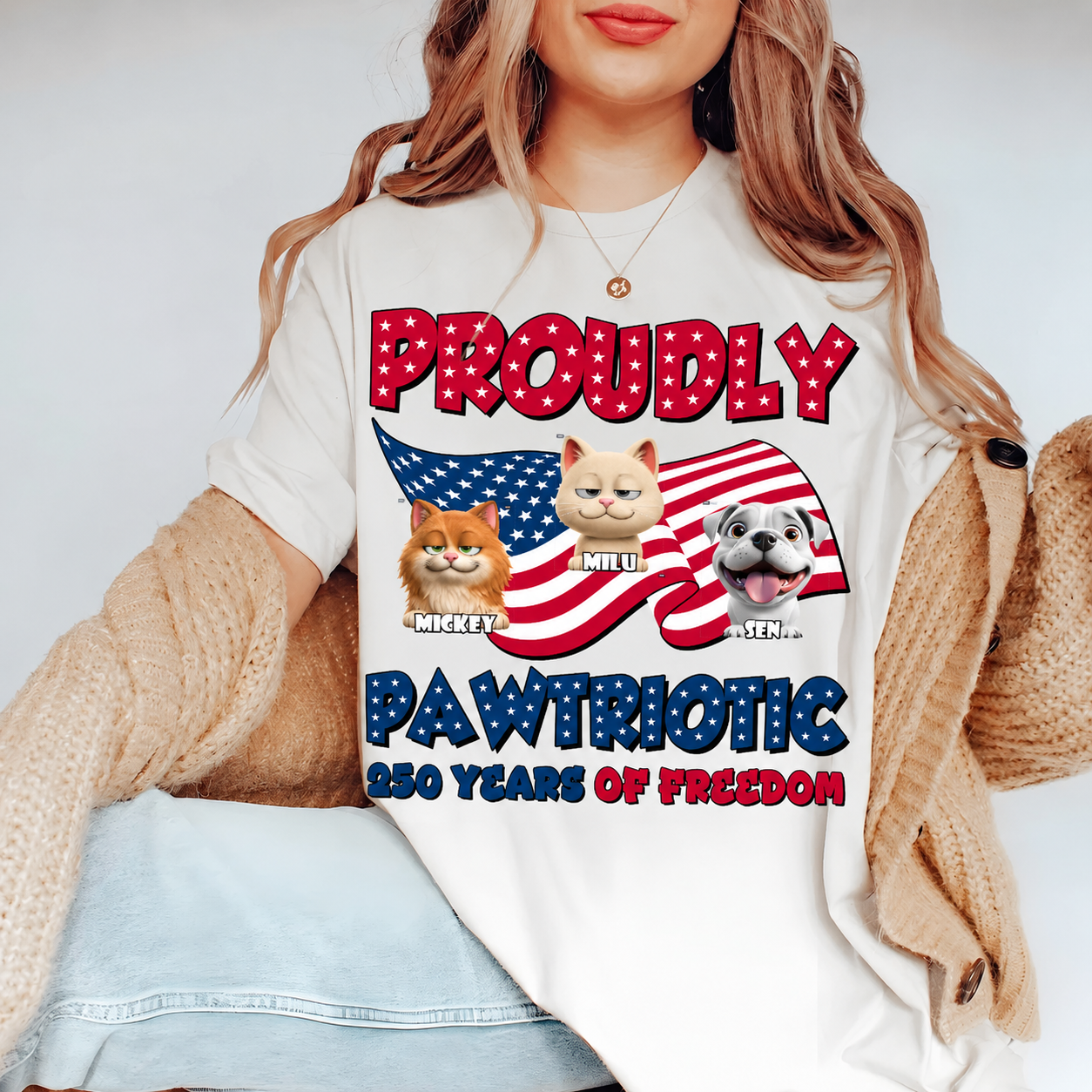 Proudly Patriotic 250 Years Of Freedom Shirt, Personalized Cat & Dog Independence Day Tee, Custom Pet Names Usa Flag T-Shirt, Fourth Of July Gift
