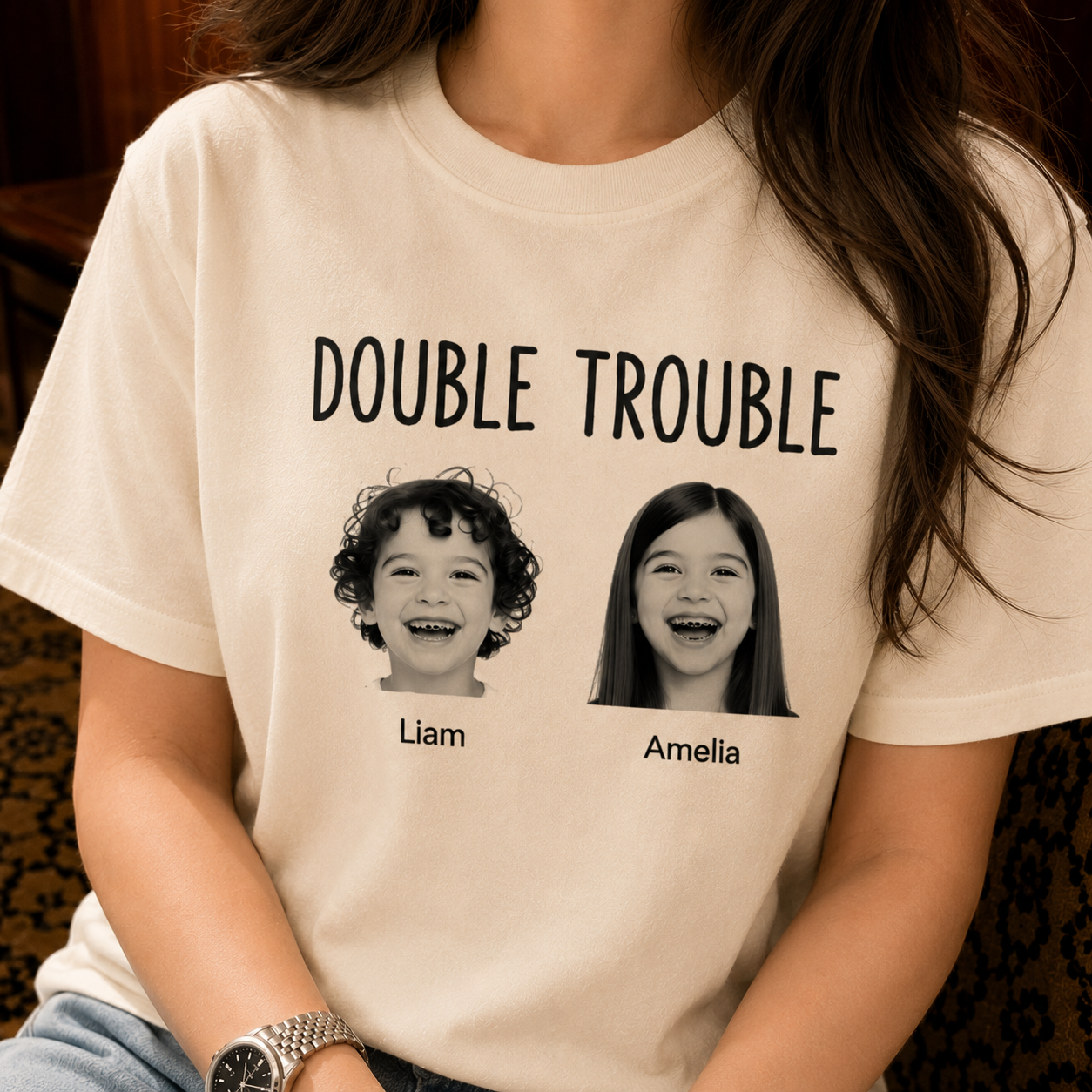 Double Trouble Kids Photo Shirt, Personalized Sibling Photo T-Shirt With Names, Funny Brother Sister Picture Tee