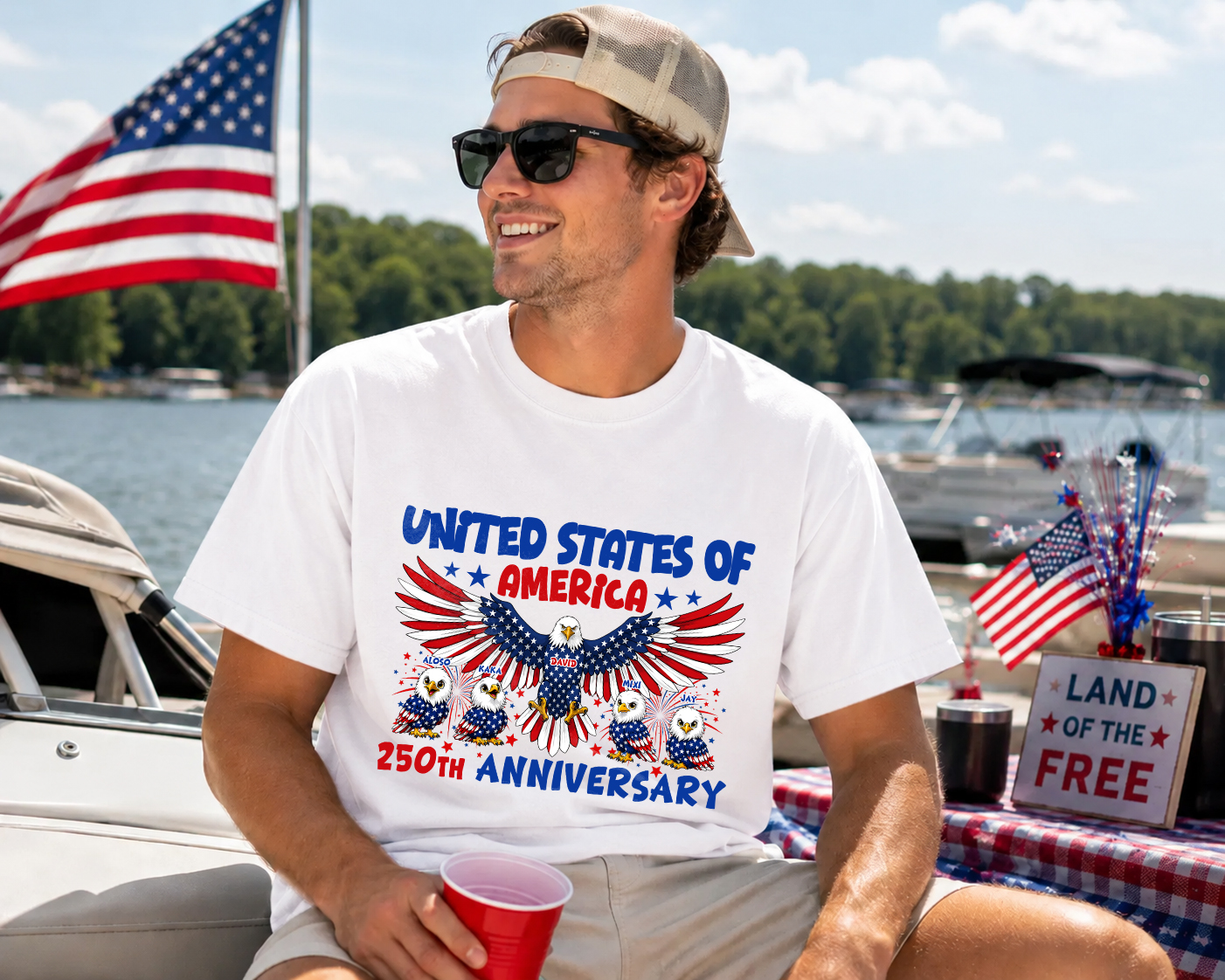 Personalized Usa 250th Anniversary Eagle Family Shirt – Custom Names Patriotic Bald Eagle Design – America 250 Celebration Independence Day T-Shirt