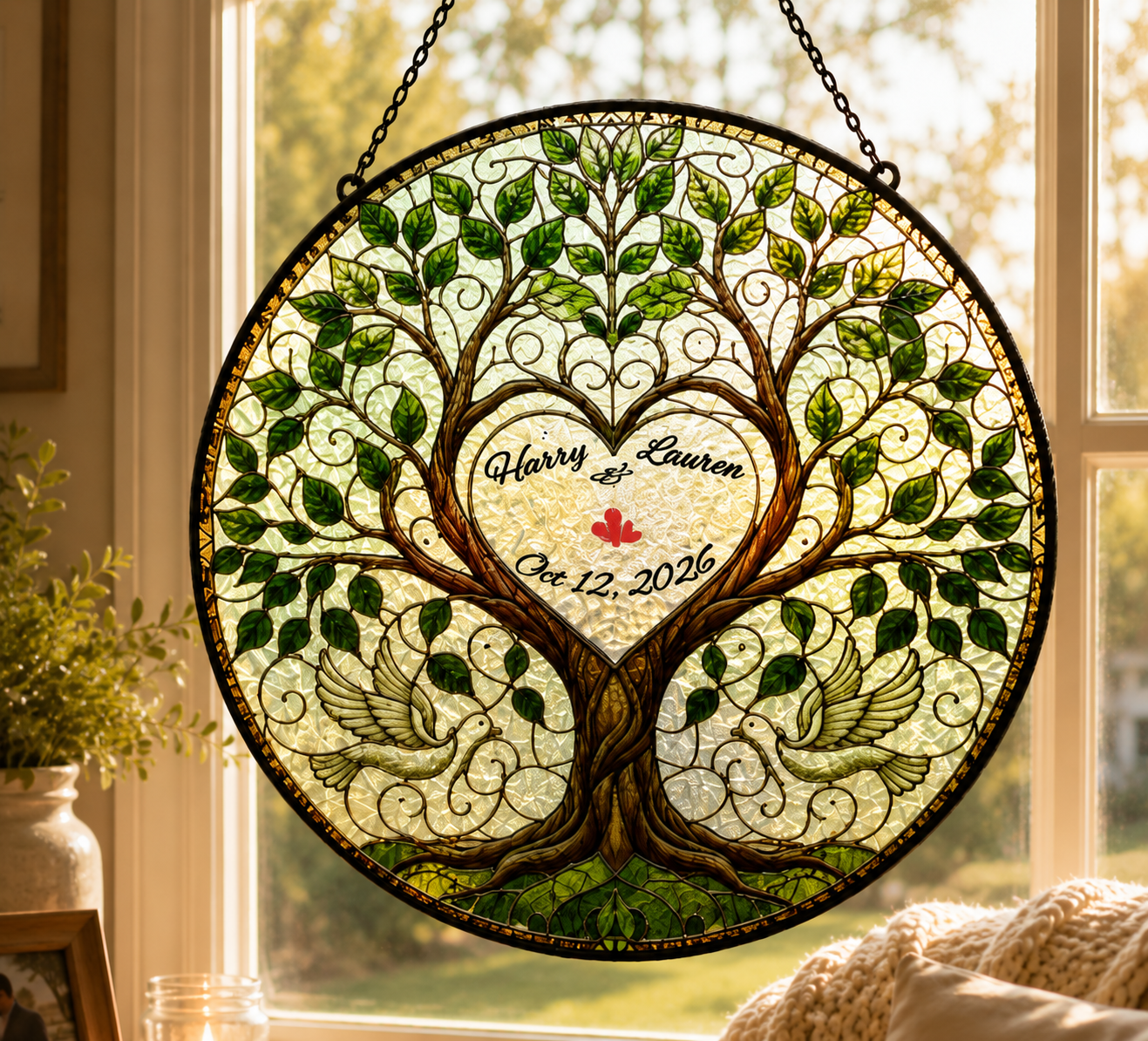 Custom Stained Glass Wedding Tree Suncatcher Gift For Couple