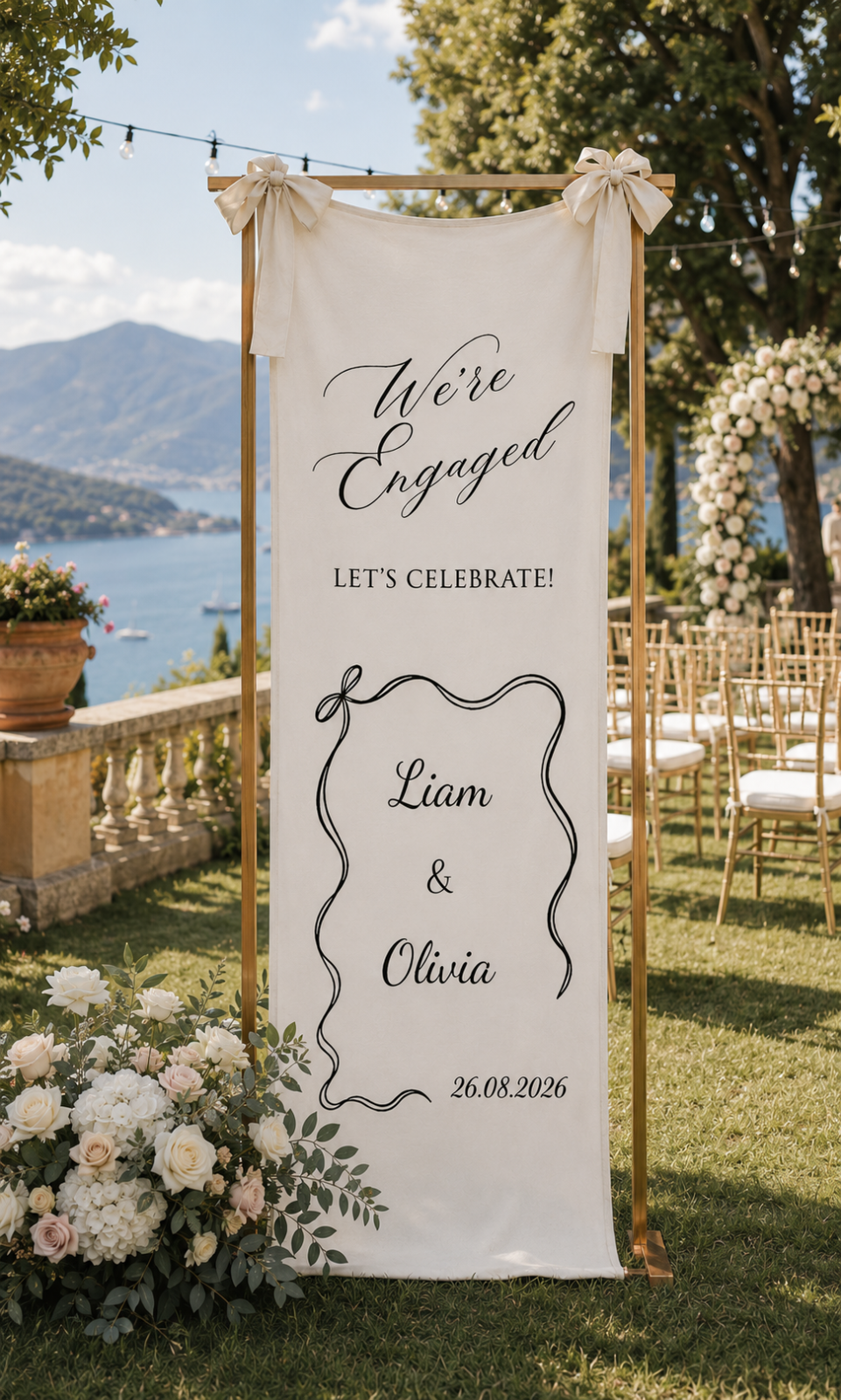 Personalized Cotton Linen Engagement Tapestry – Custom We’Re Engaged Celebration Sign With Elegant Script, Wavy Frame And Couple Names