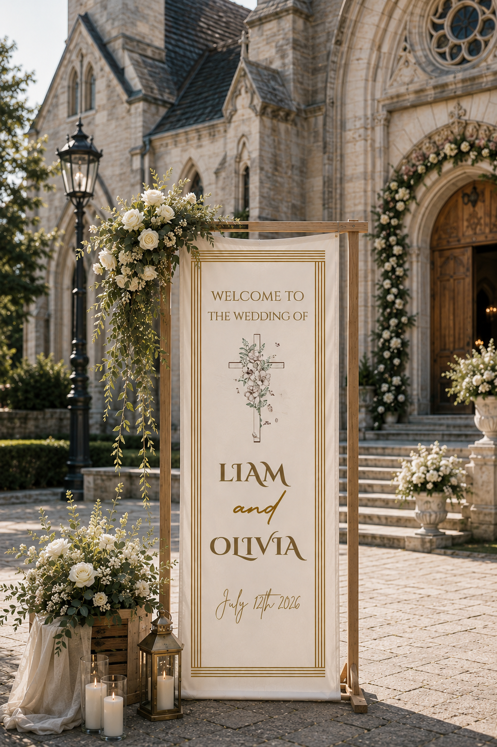 Personalized Cotton Linen Wedding Tapestry – Custom Welcome Sign With Elegant Gold Frame, Botanical Line Art And Couple Names