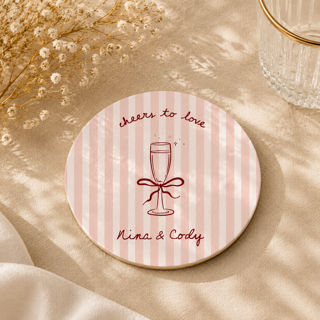 Sip, Celebrate, Cherish – Custom Couple Names Coaster For Wedding & Engagement