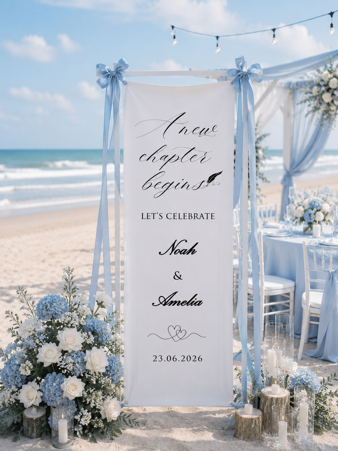 Personalized Cotton Linen Celebration Tapestry – Custom “A New Chapter Begins” Sign With Elegant Script, Couple Names And Heart Line Art