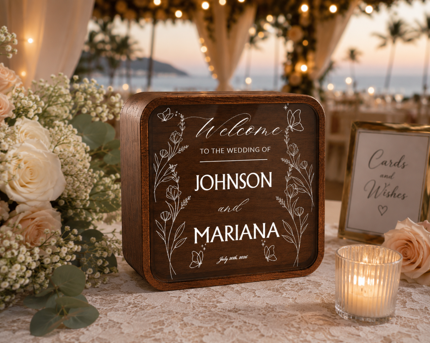 Personalized Wedding Celebration Box – Custom Couple Names With Elegant Floral Butterfly Welcome Design