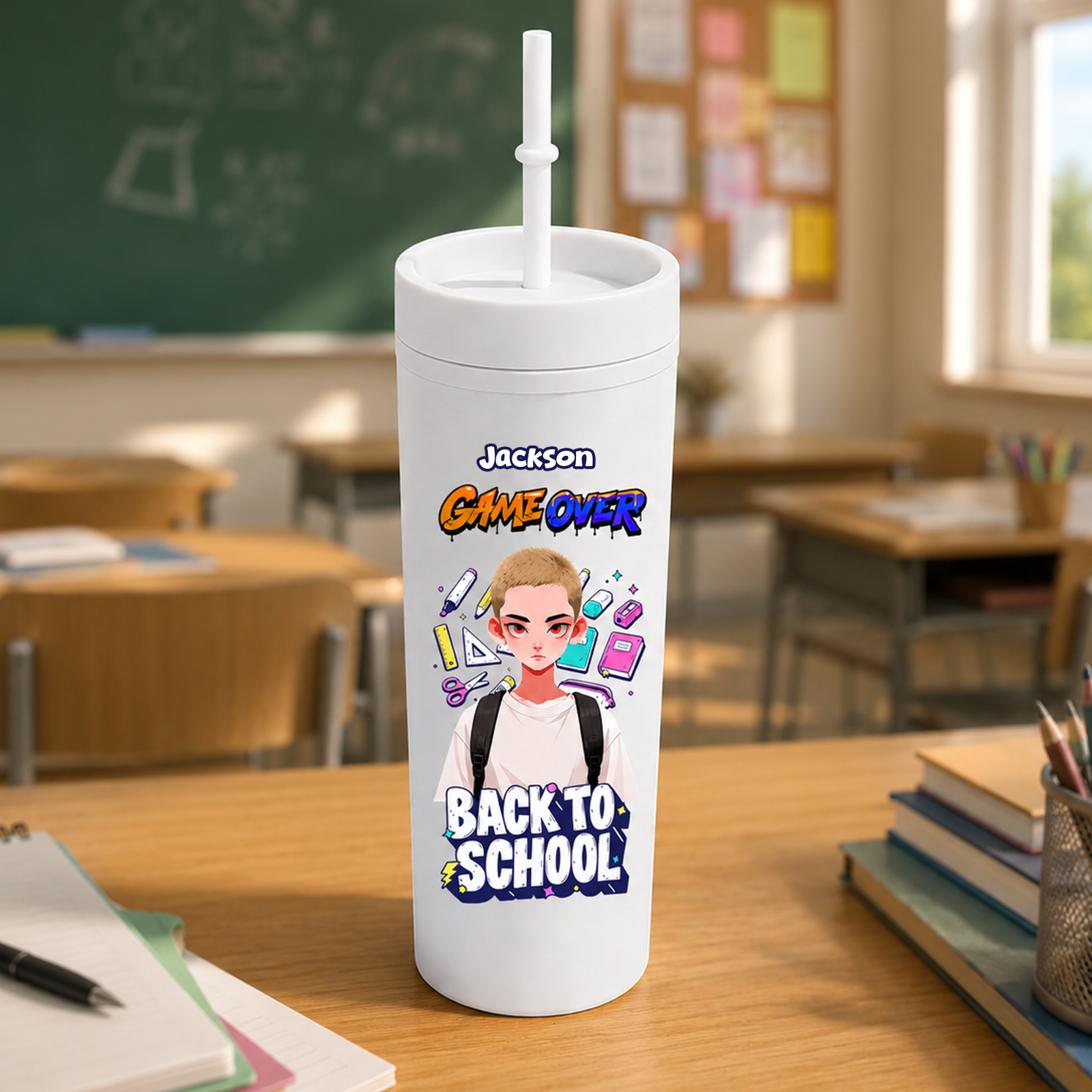 Personalized Game Over Back To School 16oz Plastic Skinny Tumbler With Straw