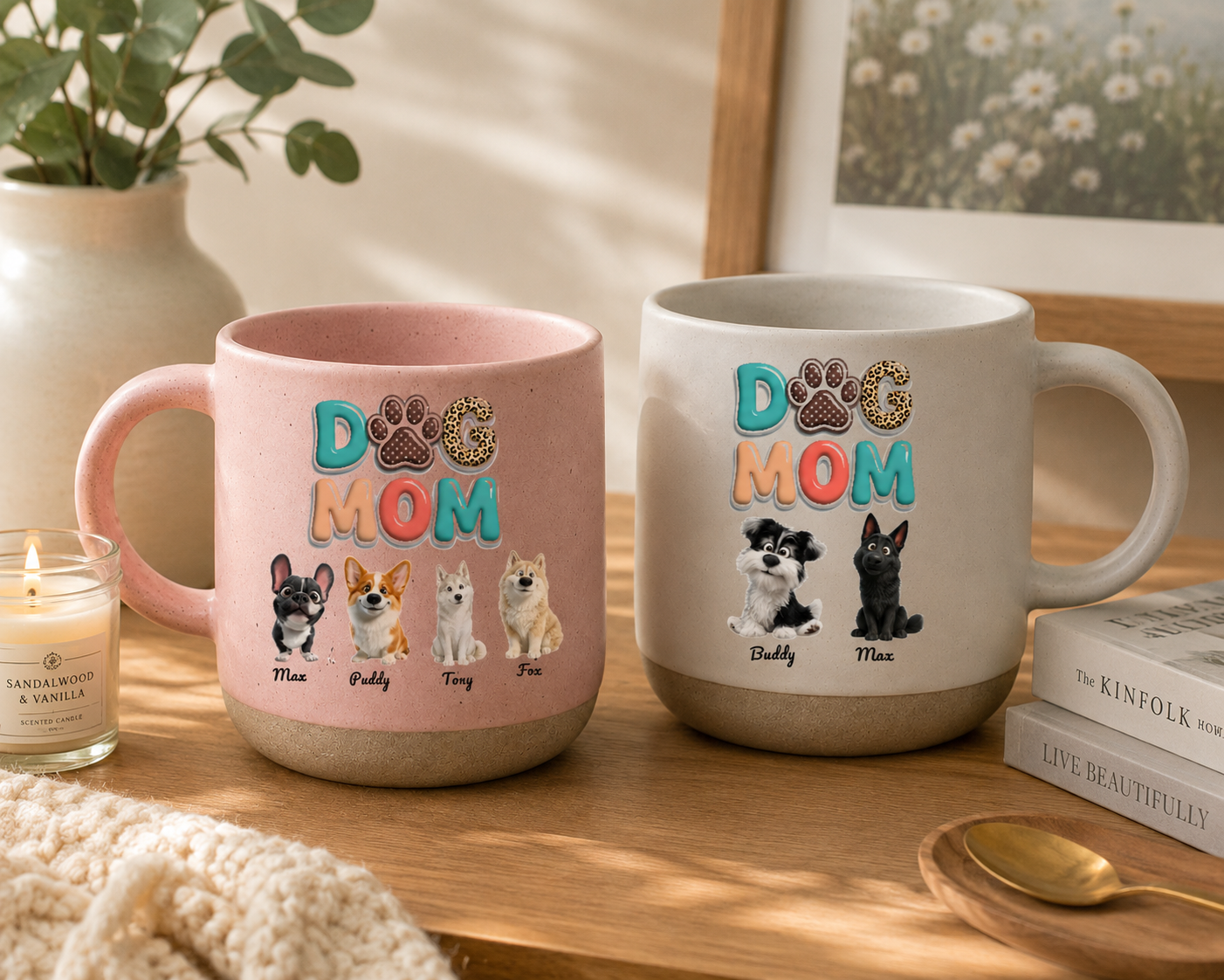Custom Dog Mom Pottery Mug Personalized Pet Portrait Cup With Dog Names Pet Lover Gift