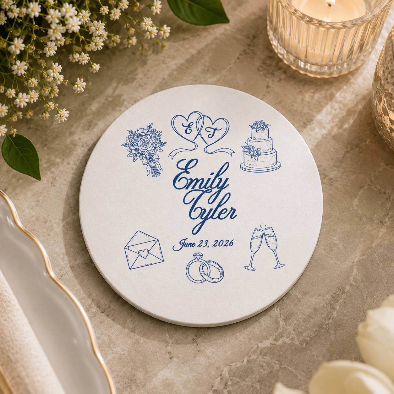 Love In Every Detail – Personalized Wedding Coaster With Couple Names & Wedding Icons