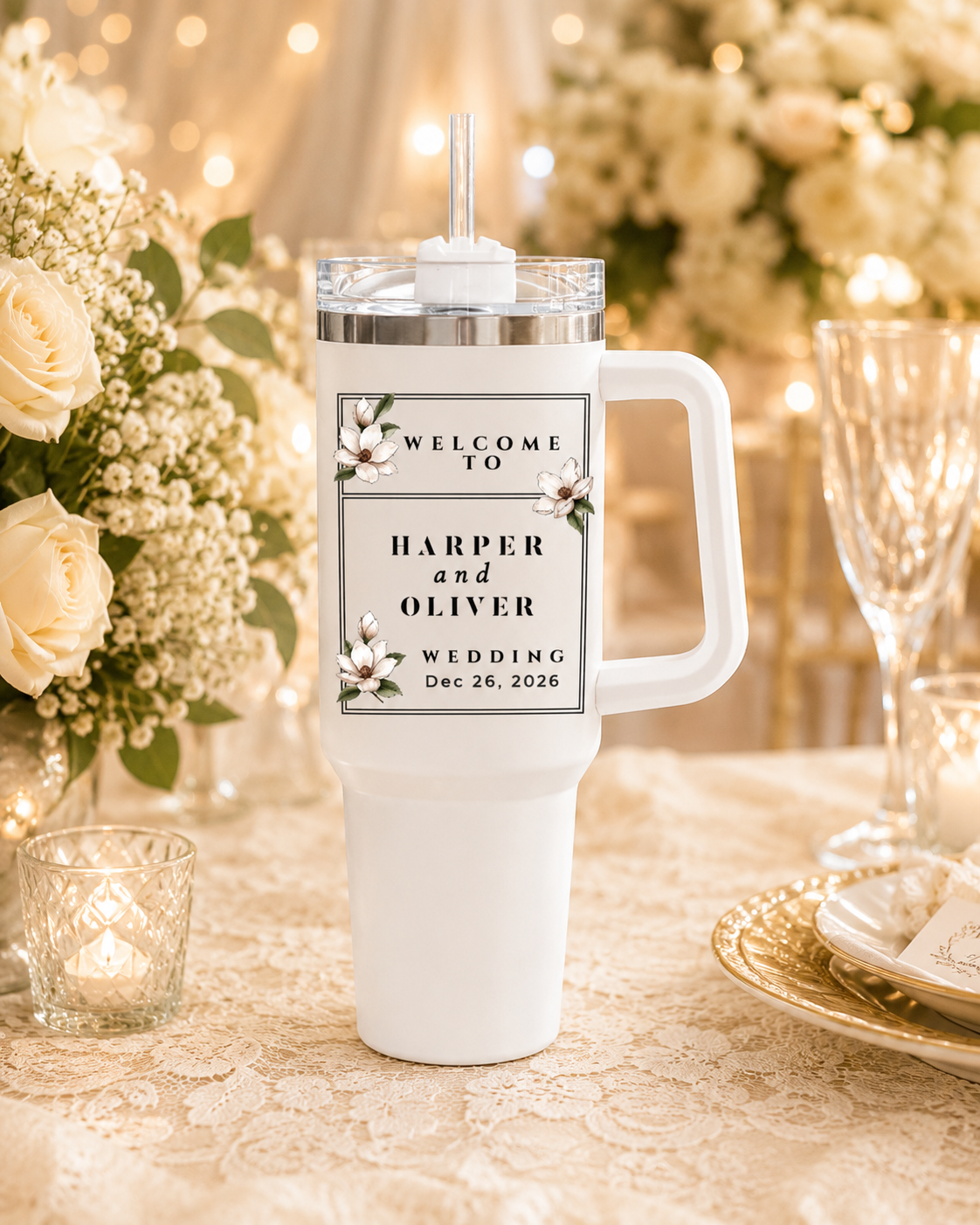 Custom Magnolia Floral Wedding Ceramic Mug Gift