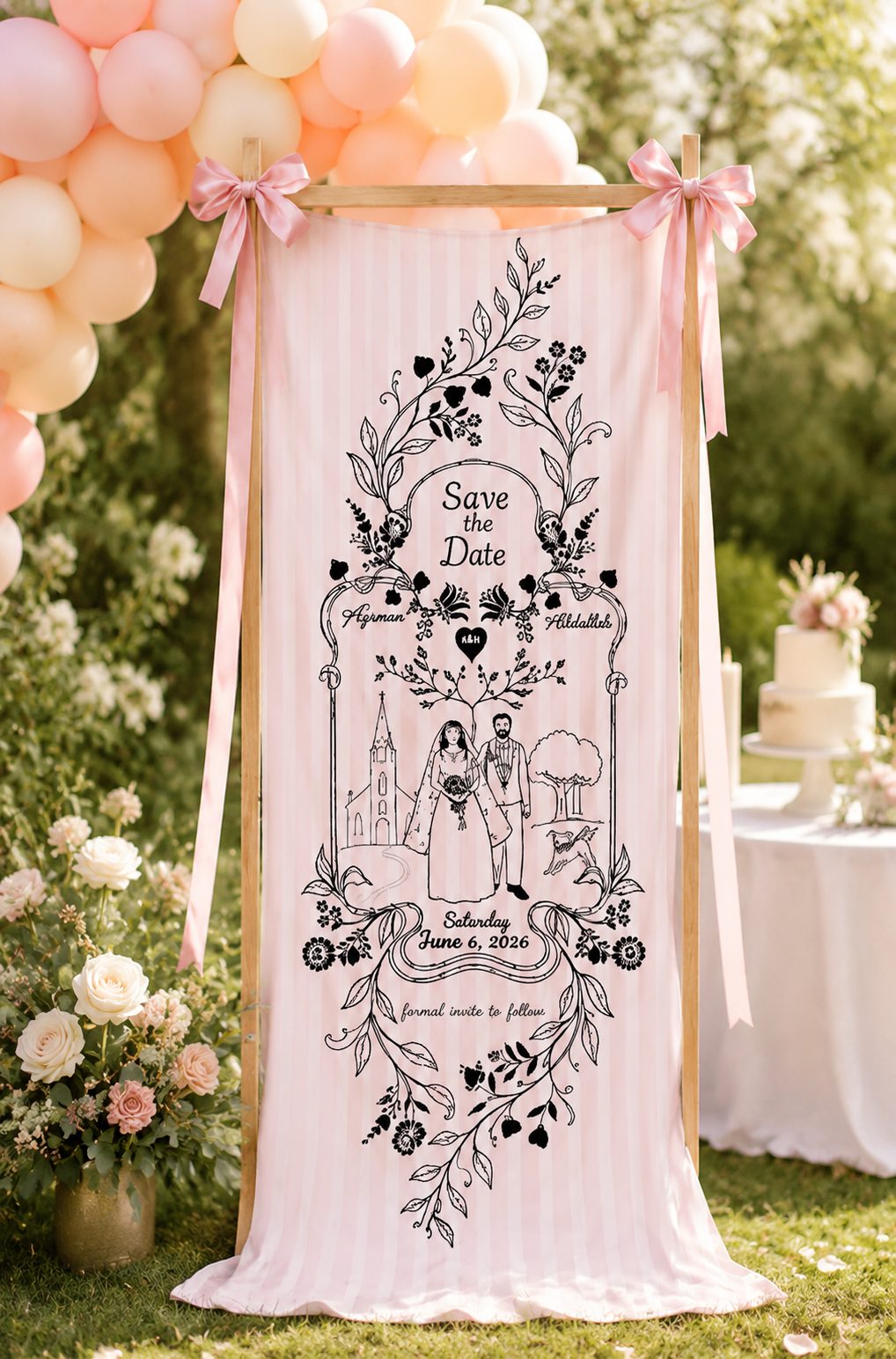 Personalized Wedding Botanical Line-Art Banner