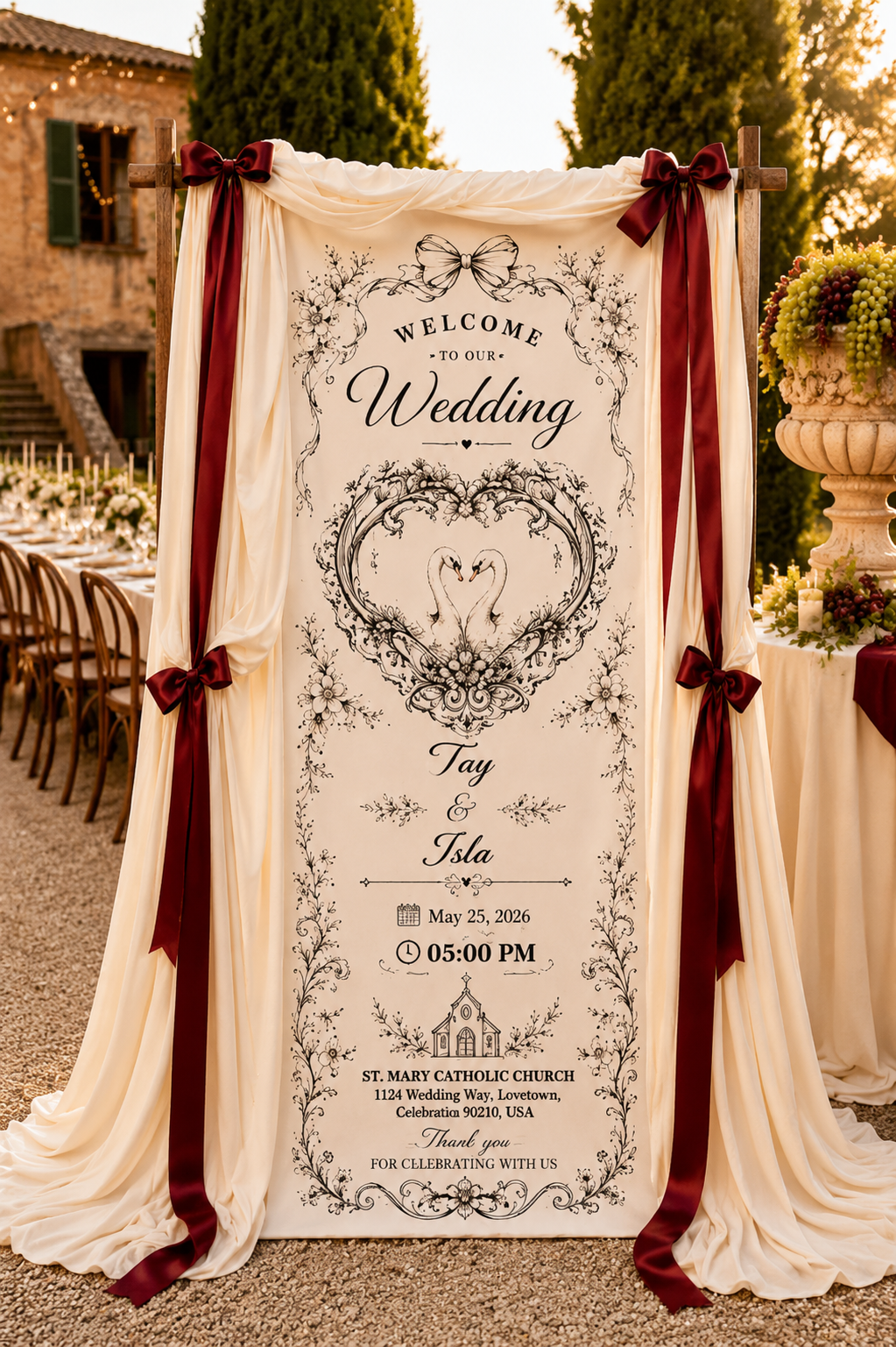 Personalized Wedding Swan Heart Fabric Banner