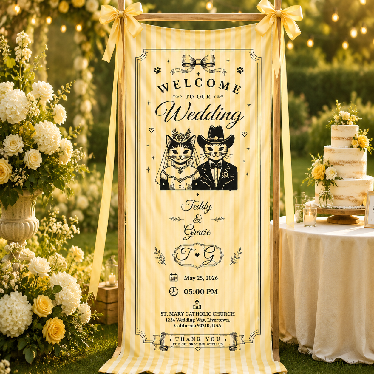 Personalized Wedding Cat Couple Fabric Banner