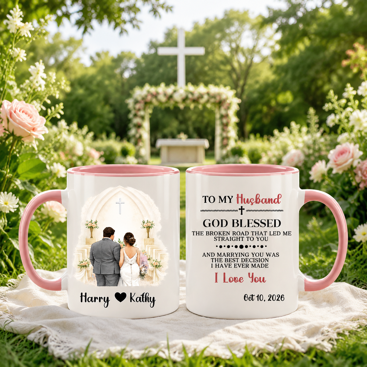 Custom Church Wedding Mug For Husband - God Blessed Broken Road Gift