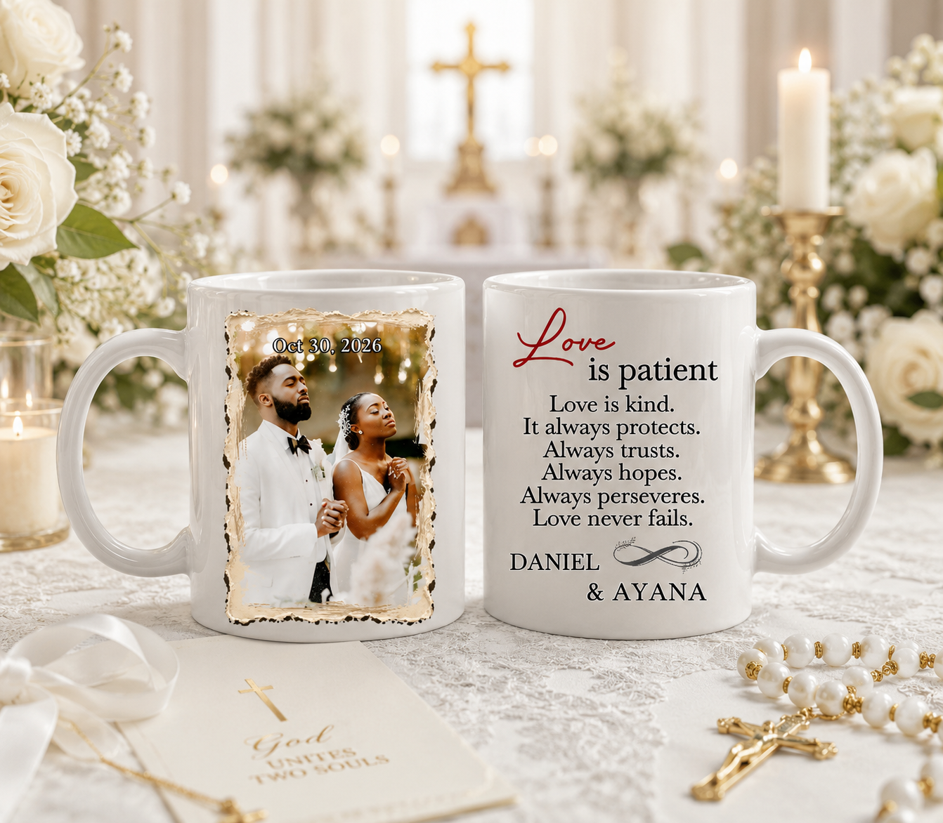 1 Corinthians 13:4 Set Of 2 Mugs | Custom Wedding Couple Photo Gift