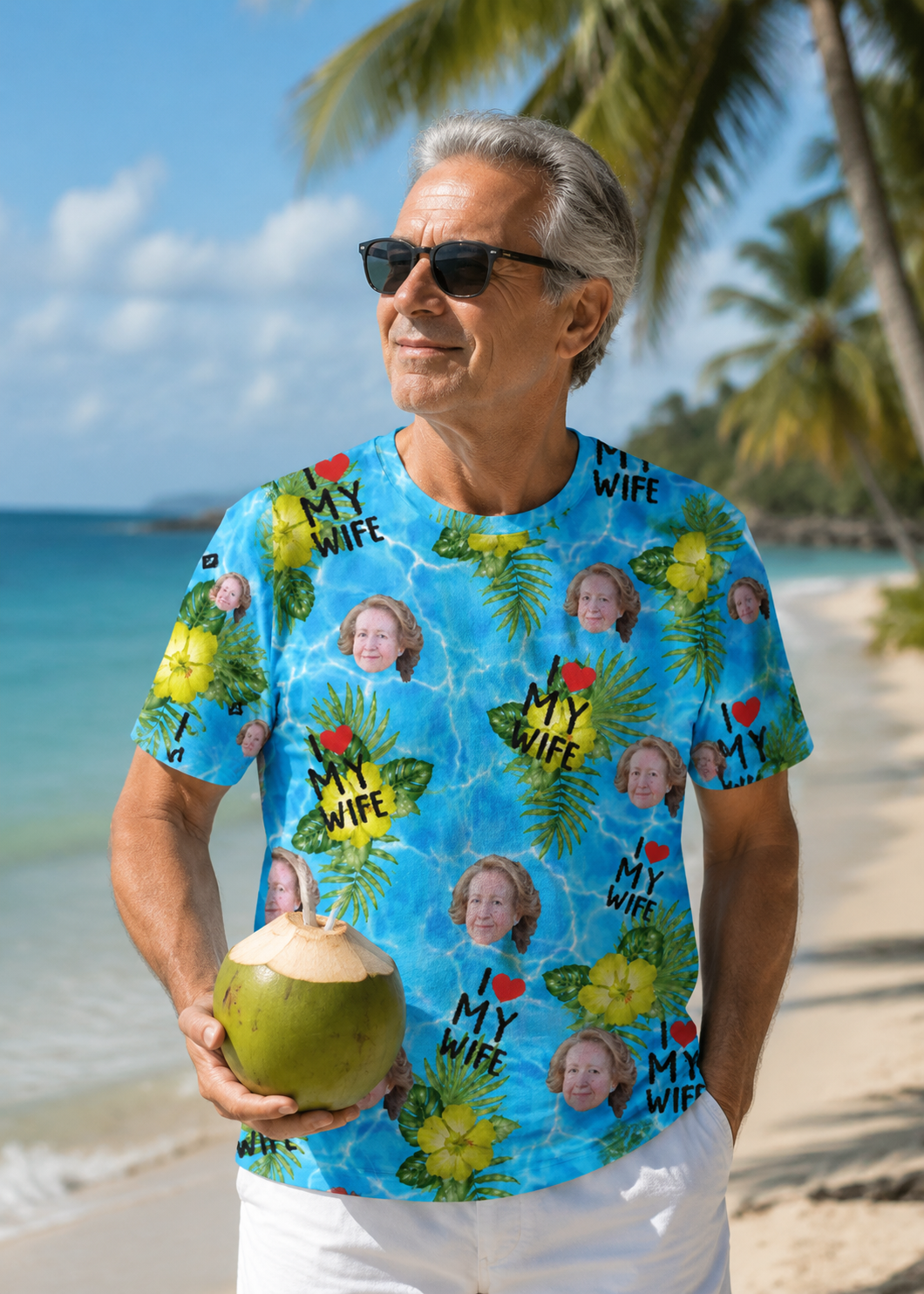 Custom Face T-Shirt I Love My Wife Personalized Photo Tropical Beach Tee