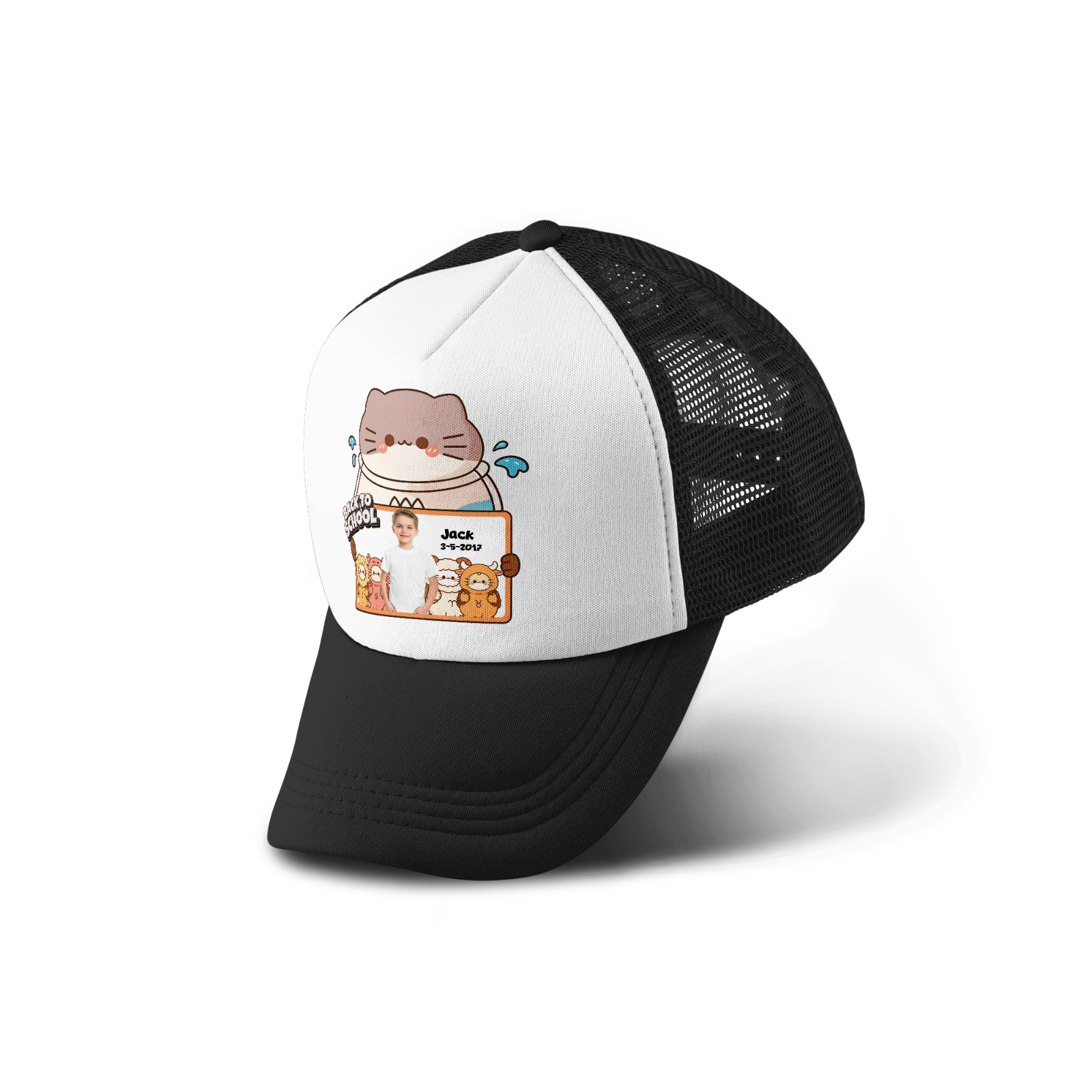 Personalized Back To School Kids Trucker Cap With Photo & Name | Cute Cat Custom Mesh Snapback Hat