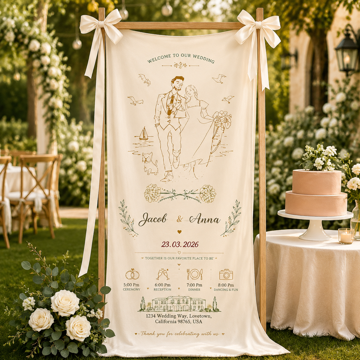 Personalized Wedding Coastal Sketch Banner