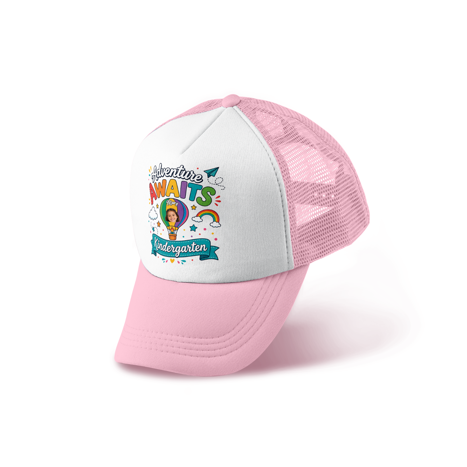 Personalized Adventure Awaits Kindergarten Trucker Hat – Custom Photo & Name Back To School Cap For Kids