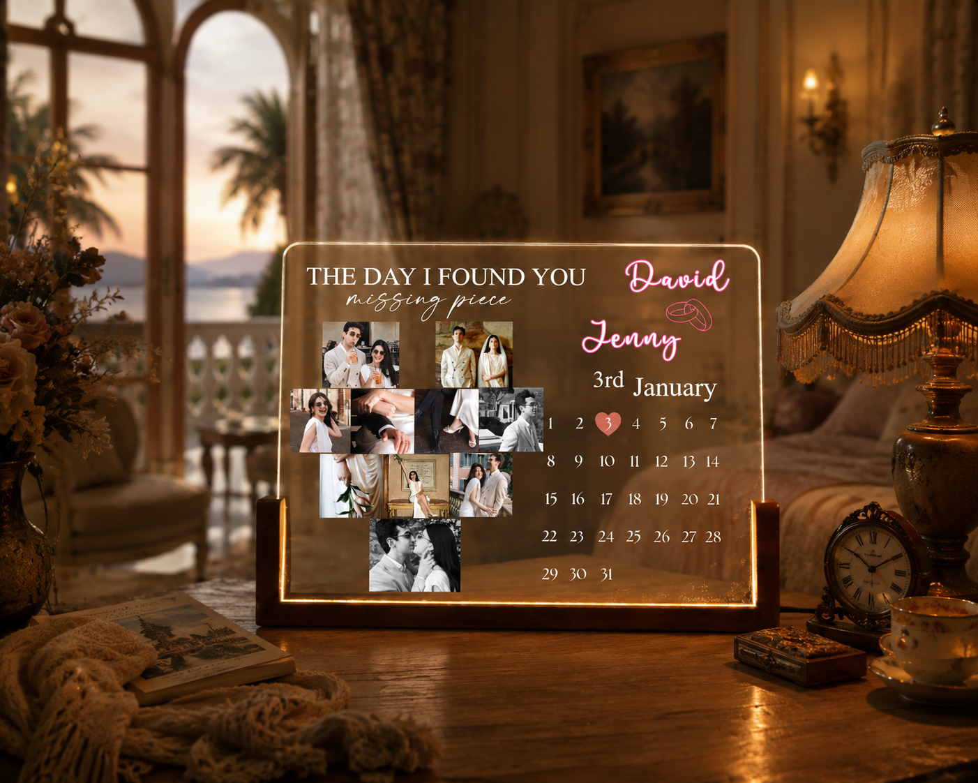 Personalized The Day I Found You Calendar Night Light, Custom Couple Photo Heart Lamp, My Missing Piece Anniversary Gift For Boyfriend Girlfriend
