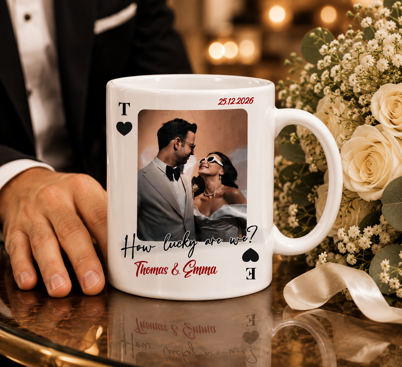 Personalized Playing Card Photo Mug, "How Lucky Are We" Custom Wedding Coffee Cup, Red And Black Jack Ace Couples Anniversary Gift For Mr And Mrs