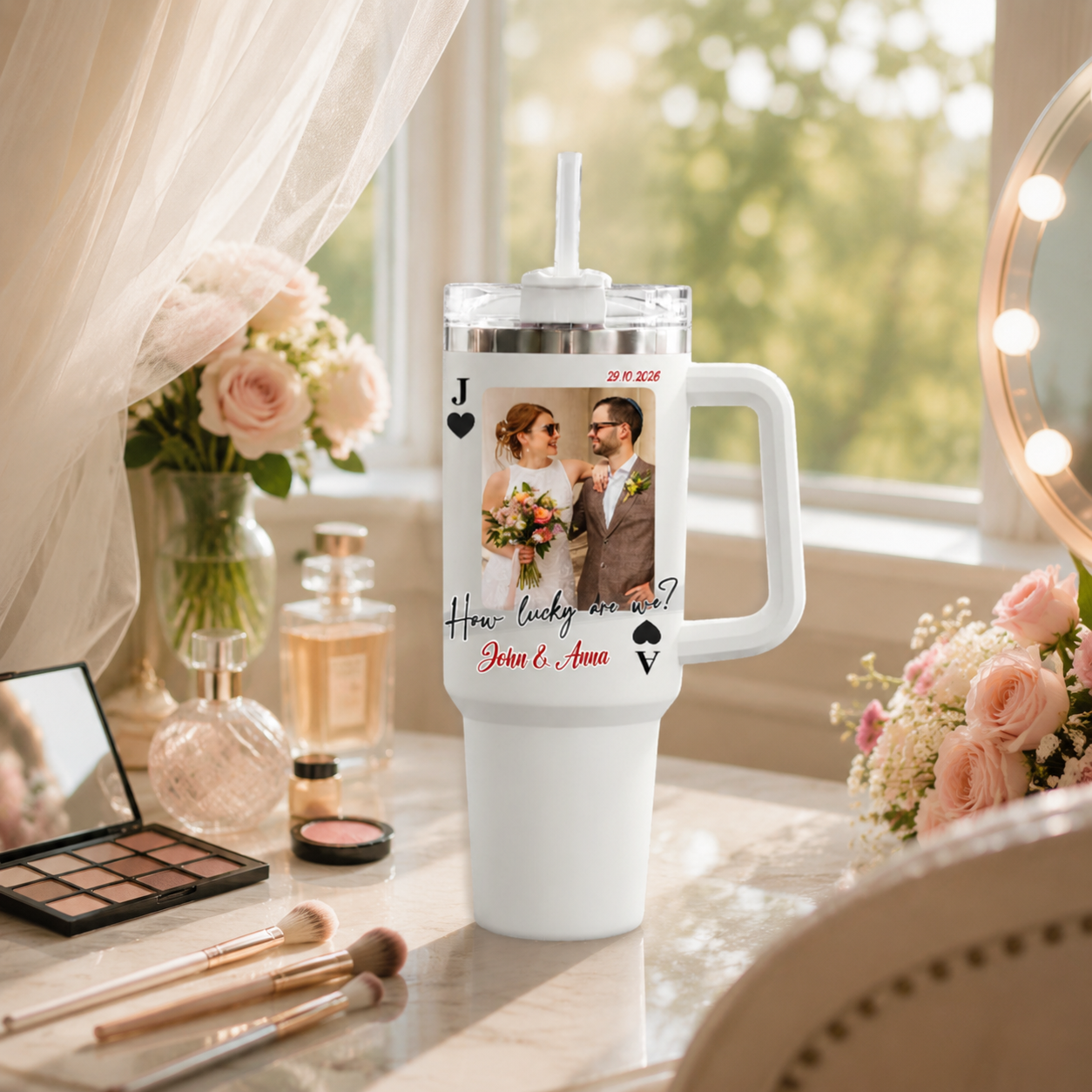 Personalized Playing Card Photo 40oz Tumbler, "How Lucky Are We" Custom Wedding Coffee Cup, Red And Black Jack Ace Couples Anniversary Gift For Mr And Mrs