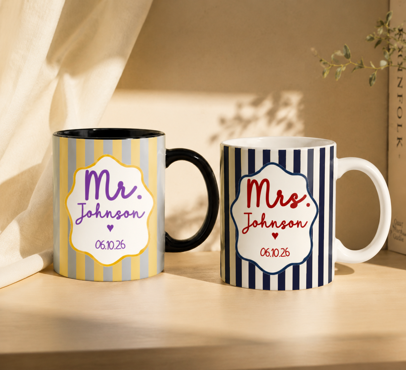 Personalized Mr Mrs Brown Striped Mug, Custom Wedding Coffee Cup With Retro Wavy Frame, Black Accent Newly Engaged Gift For Bride Groom