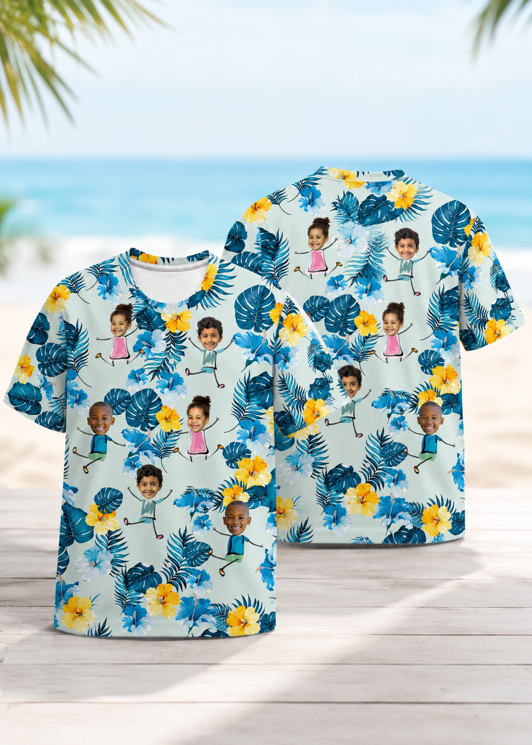Custom Face Kids T-Shirt Personalized Tropical Hawaiian Vacation Shirt