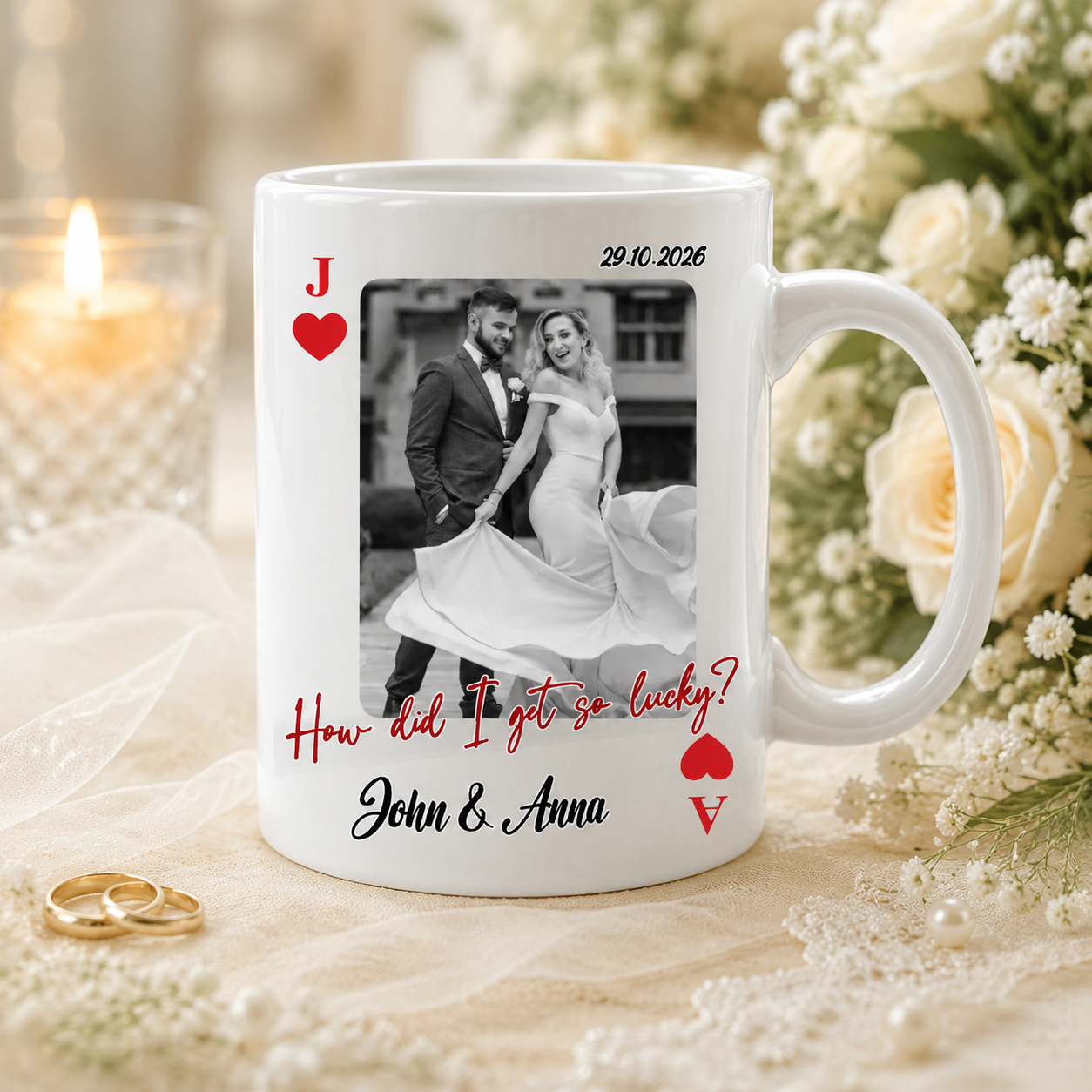Custom Wedding Love Marriage Playing Card Coffee Mug, Personalized Picture Cup For Wedding Couple, Long Love Distance Anniversary Keepsake Gift