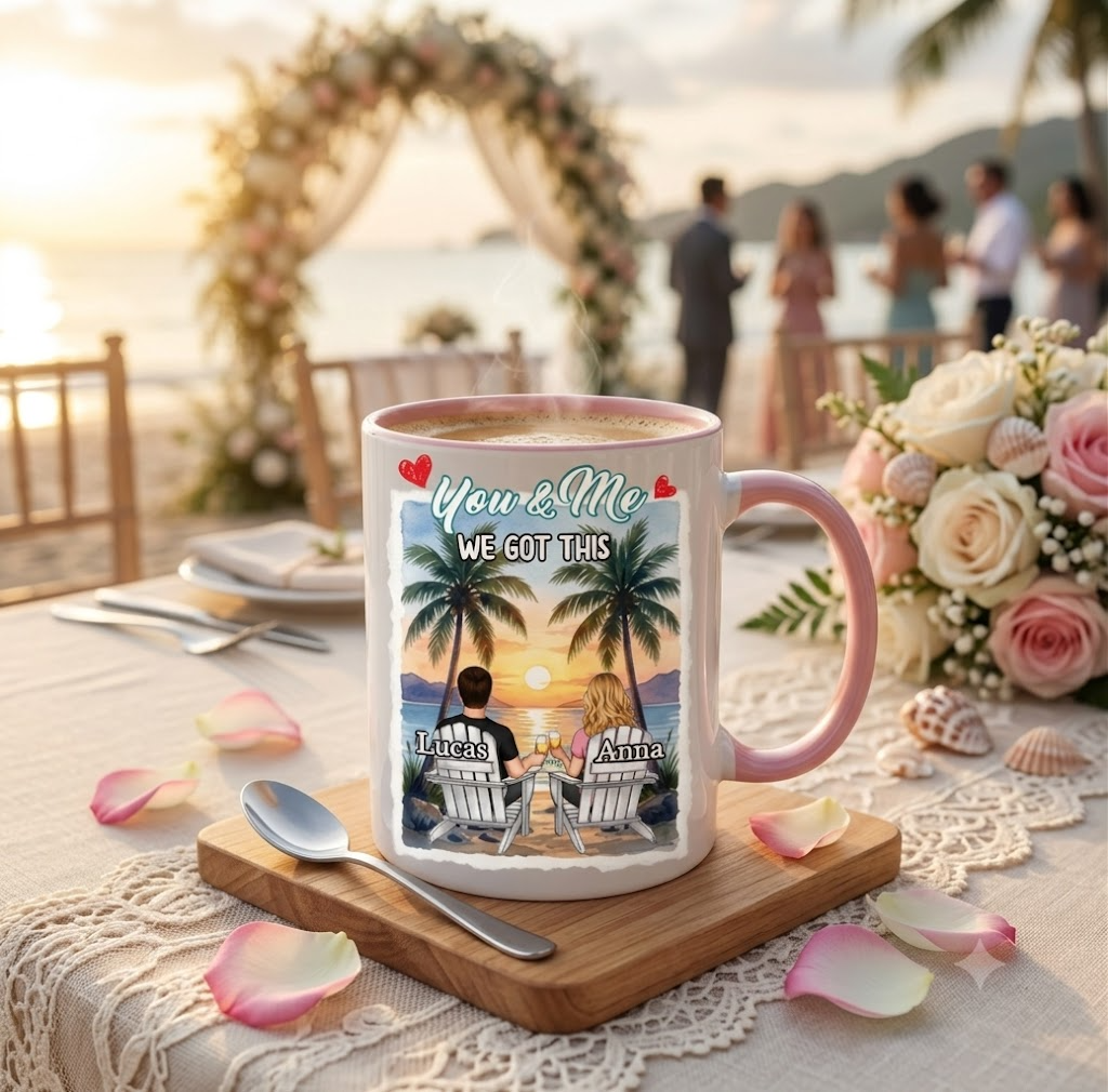 You And Me We Got This Couple - Personalized Ceramic Coffee Mug, Sunset Beach Wedding Custom Mug, Cute Marriage Anniversary Gift For Husband Wife Him Her