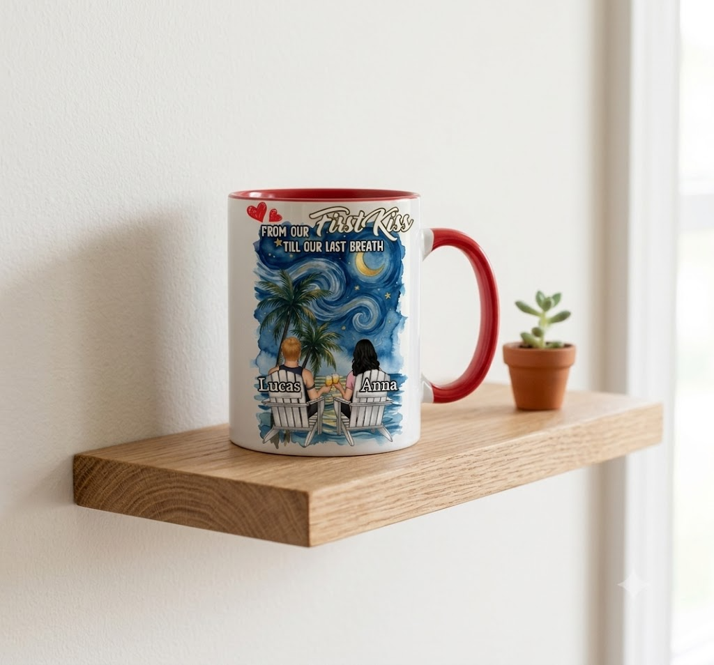 "Till Our Last Breath" Personalized Couple Mug - Custom Names Beach Sunset Coffee Cup, Wedding Love Anniversary Gift For Him Her