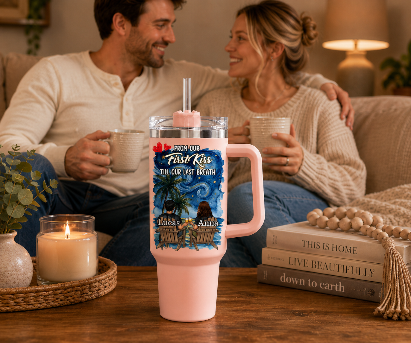 "Till Our Last Breath" Personalized Couple Tumbler - Custom Names Beach Sunset Stainless Steel Travel Cup, Romantic Wedding Anniversary & Love Gift For Him Her
