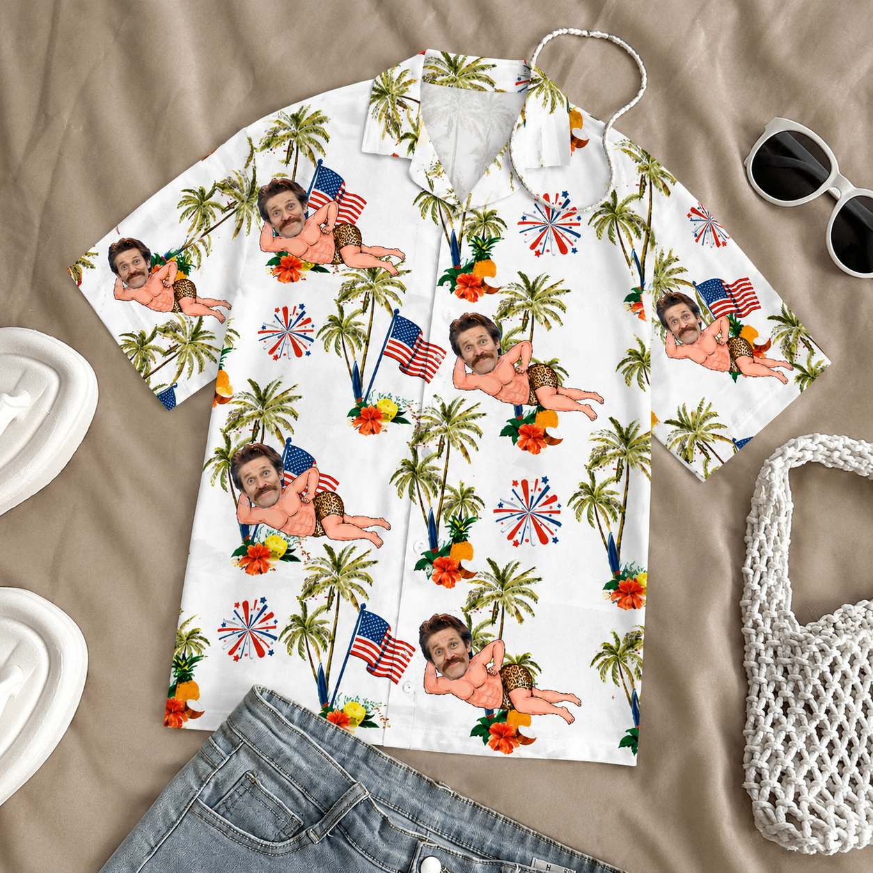 Custom Face Hawaiian Shirt, Funny Usa Flag Tropical Vacation Button-Down, Personalized Holiday Gift