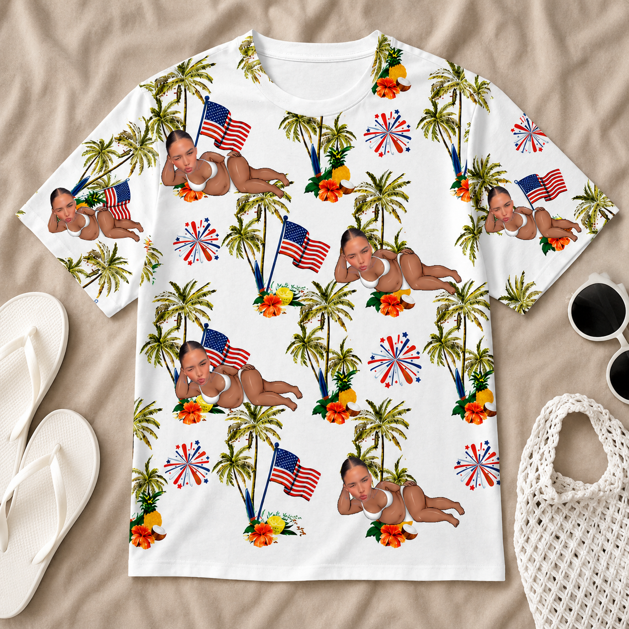 Custom Face T-Shirt, Funny Usa Flag Tropical Vacation Graphic Tee, Personalized Holiday Gift