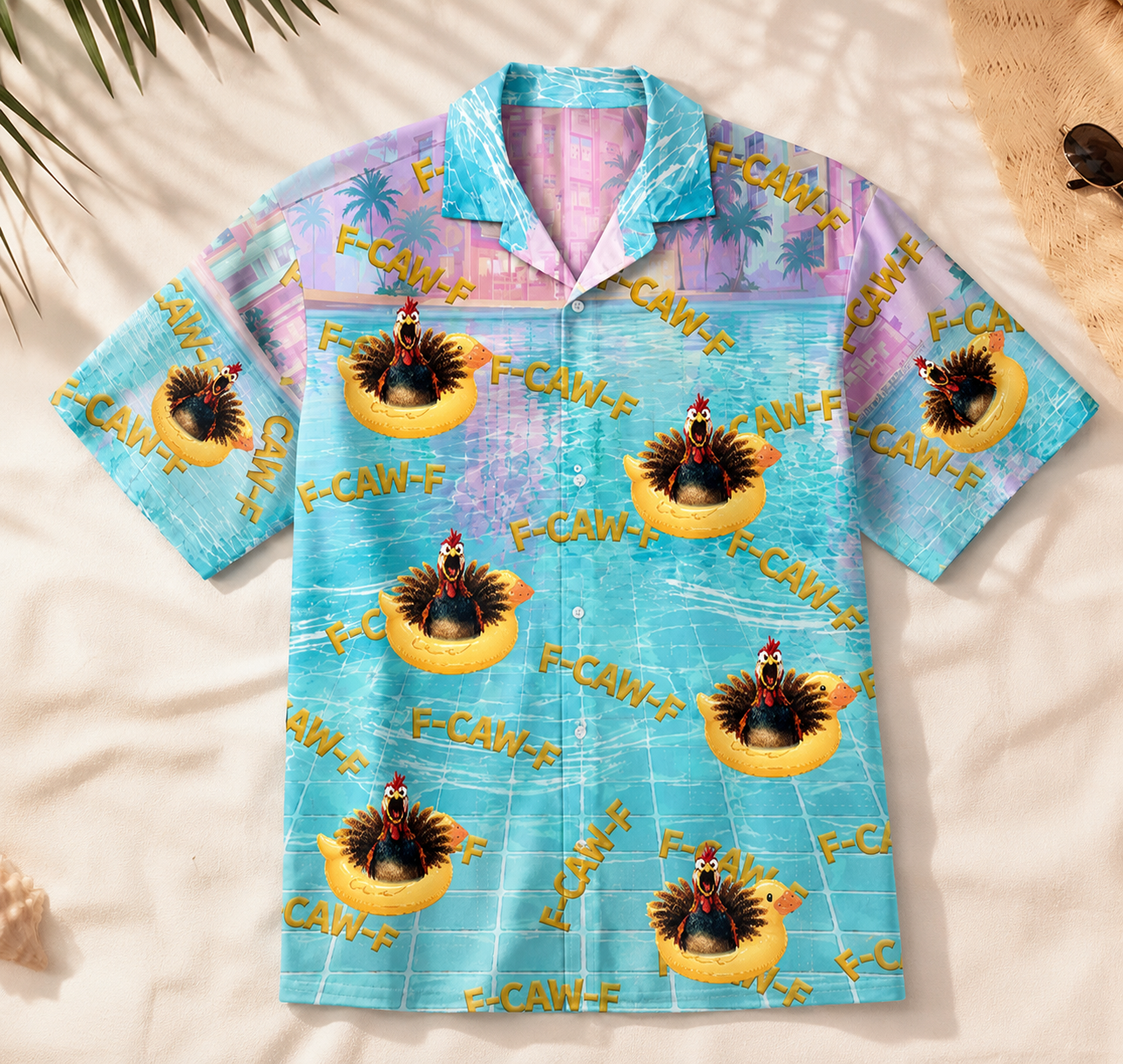 Funny " F-Caw-F " Turkey Float Hawaiian Shirt.
