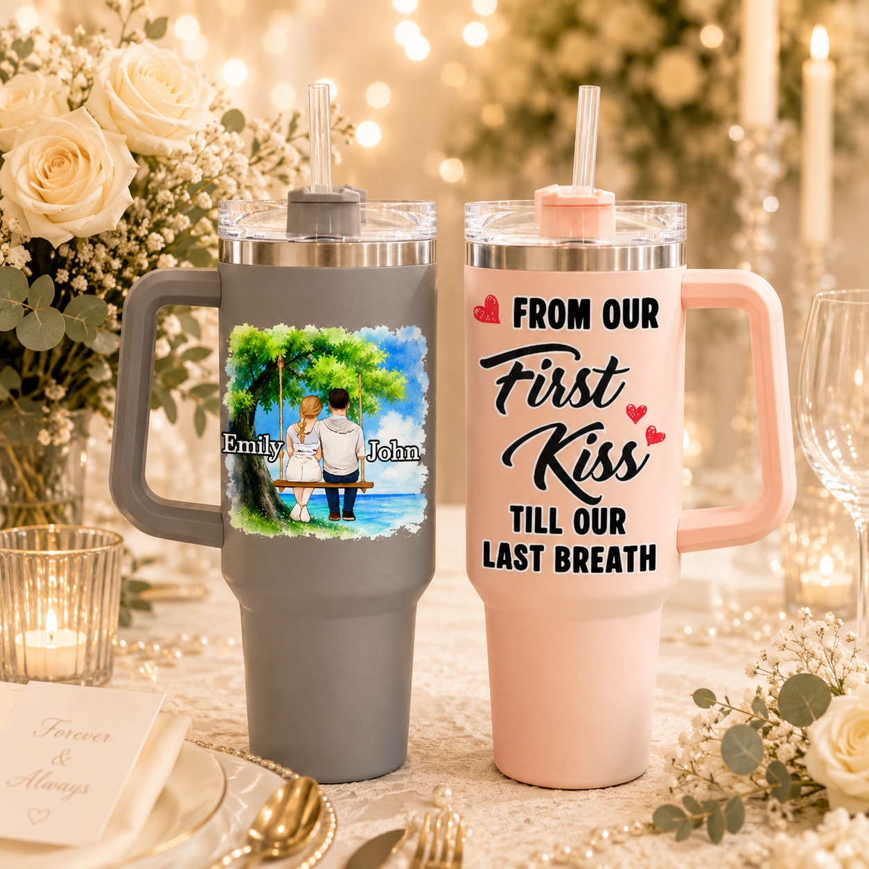 Personalized Set Of 2 Wedding Couple Tumblers - Custom Names Tree Swing Design, "From Our First Kiss Till Our Last Breath" Stainless Steel Travel Cup Set, Unique Anniversary & Wedding Gift For Bride And Groom