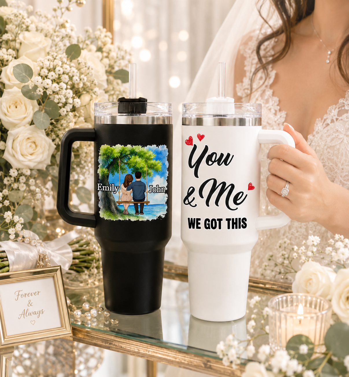 Personalized Set Of 2 Wedding Couple Tumblers - Custom Names Tree Swing Design, "You & Me We Got This" Stainless Steel Travel Cup Set, Unique Anniversary & Wedding Gift For Bride And Groom
