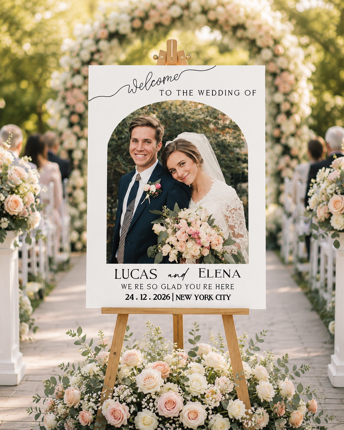 Minimalist Arch Wedding Welcome Sign With Photo, Boho Custom Picture Wedding Entrance Board