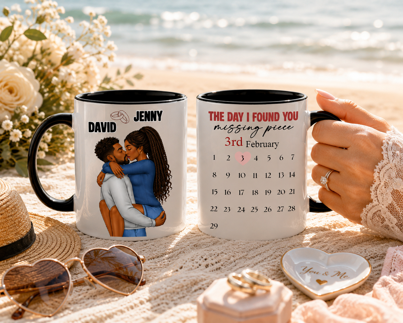 "The Day I Found My Missing Piece" Personalized Couple Mug - Custom Names & Date Kissing Design, 11oz/15oz Ceramic Coffee Cup, Romantic Anniversary, Valentine'S & Wedding Gift For Him Her