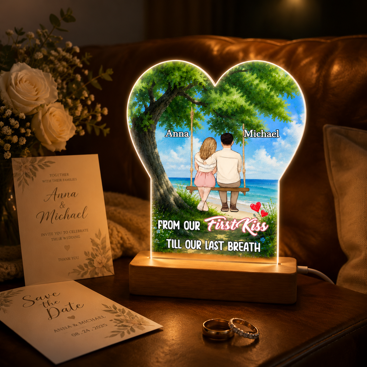 Personalized Wedding Couple Led Heart Lamp - Romantic Seaside Swing Art, Custom Names & Quotes Night Light, Unique Anniversary, Engagement & Wedding Gift For Bride And Groom