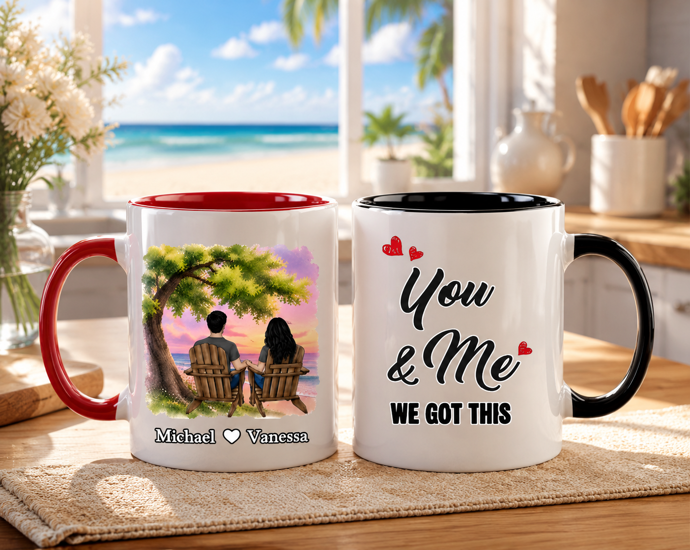 Personalized Wedding Couple Mug - Custom Names Sunset Beach Design, "You & Me We Got This" Ceramic Coffee Cup, Unique Anniversary & Wedding Gift For Bride And Groom