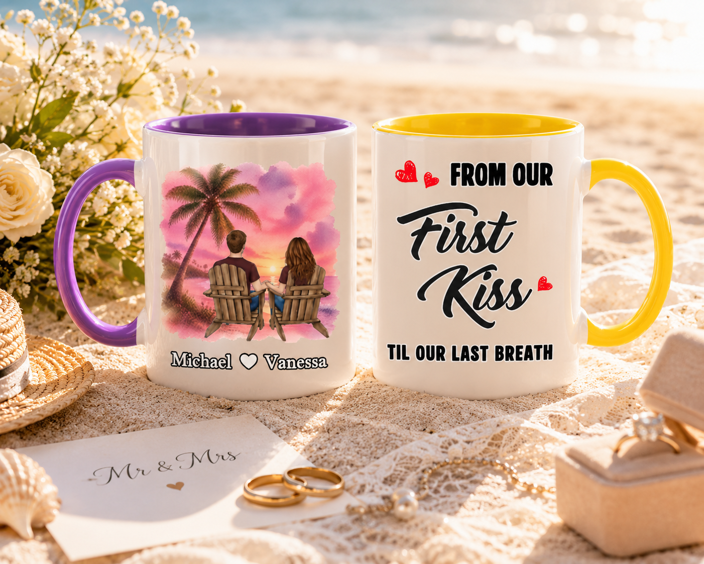 Personalized Wedding Couple Mug - Custom Names Tropical Sunset Design, "From Our First Kiss Till Our Last Breath" Ceramic Coffee Cup, Unique Anniversary & Wedding Gift For Bride And Groom