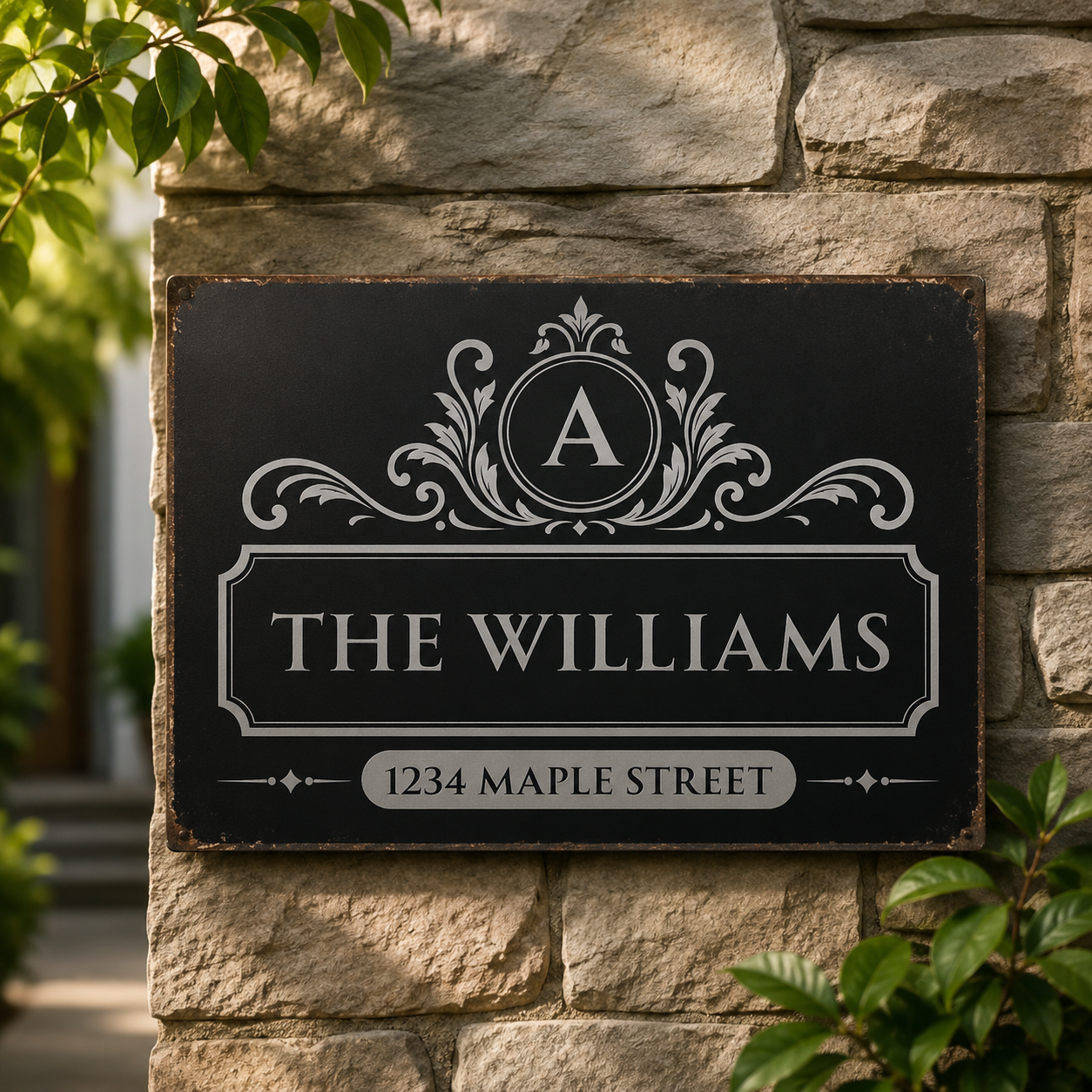 Personalized Rectangular Iron Sign With Vintage Monogram And Family Name For Front Gate, Unique Housewarming Gift