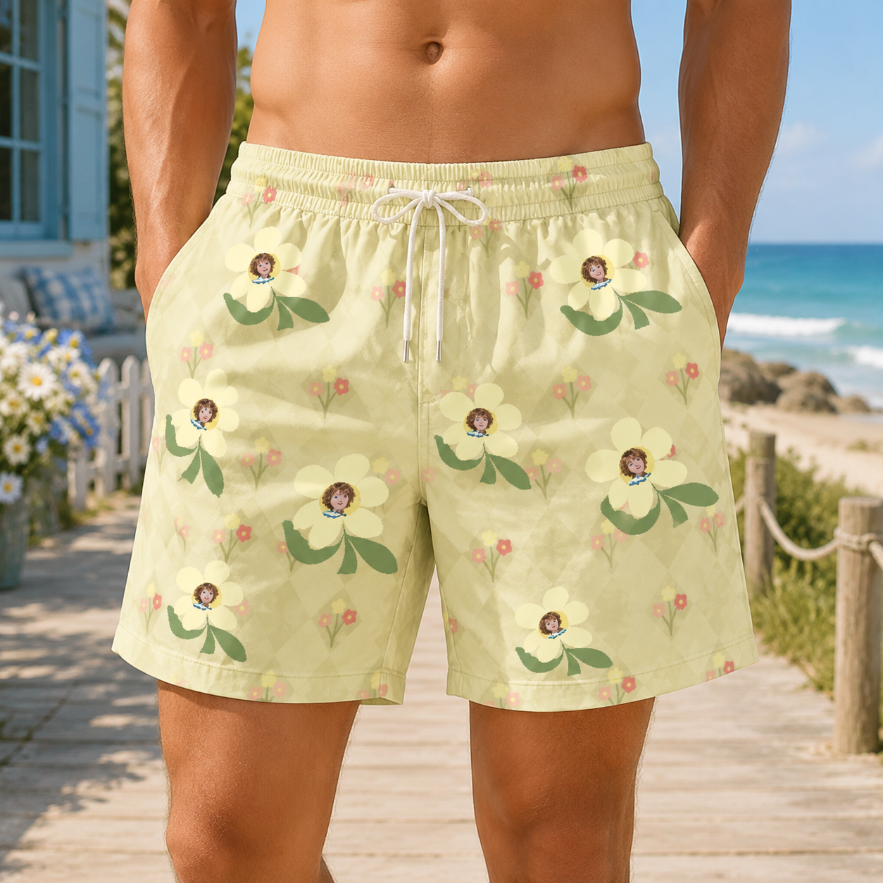Personalized "Yellow Daisy Checkered" Swim Shorts