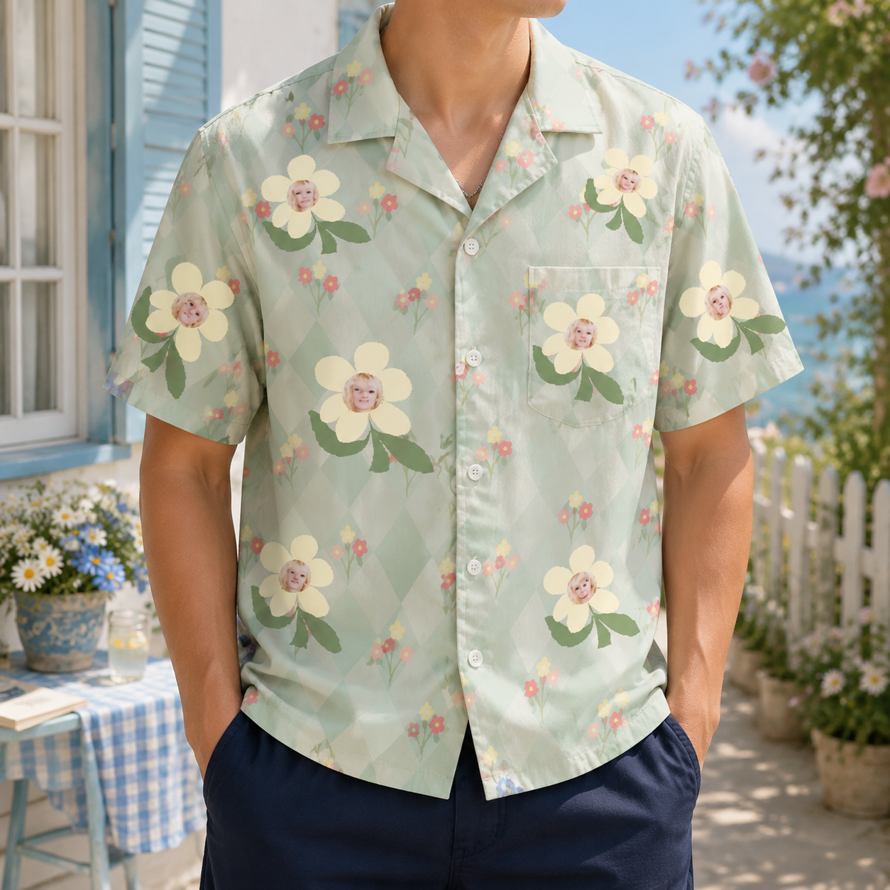 Personalized "Yellow Daisy Checkered" Aloha Shirt