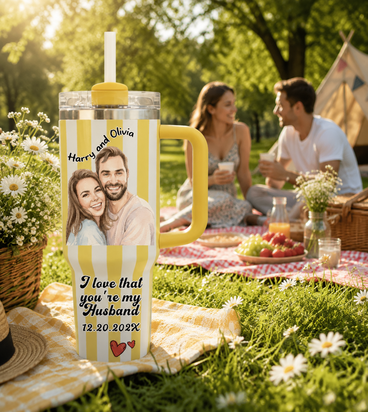 Personalized Stripe Couple Photo Tumbler 40oz, Custom Watercolor Picture Travel Mug With Handle & Straw, Romantic Anniversary Gift